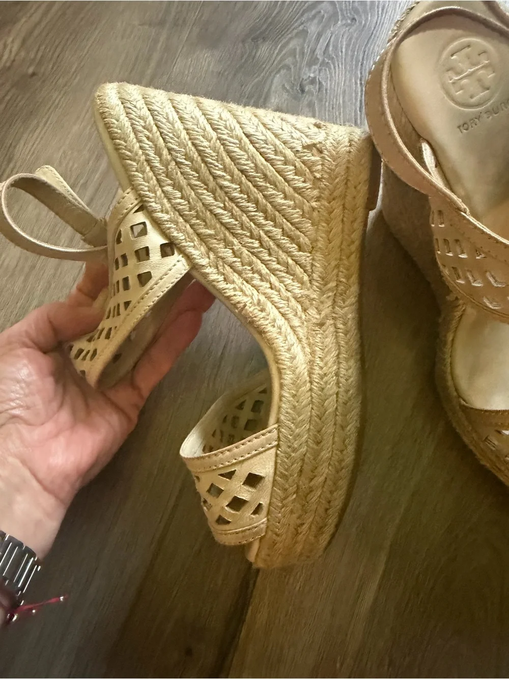 Tory Burch Nude Laser-Cut Wedge Sandals